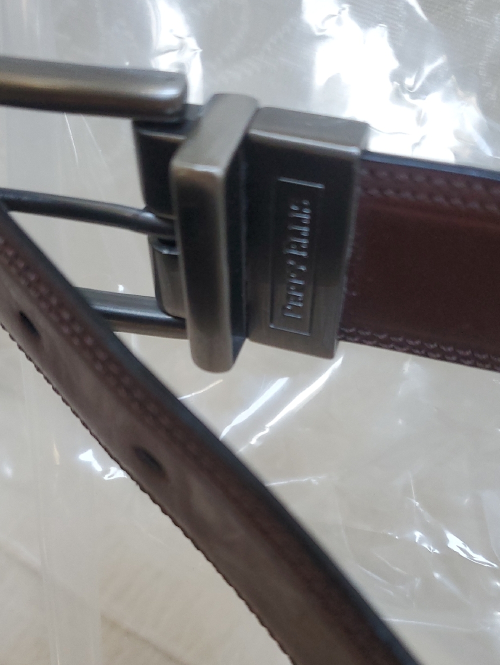 Perry Ellis Men's Brown Leather Belt Brushed Metal Buckle Size 42 Waist